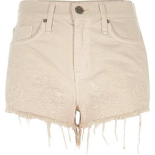 jacques-vertuk Beige embroidered raw edge denim shorts 700219 women Holiday Shop