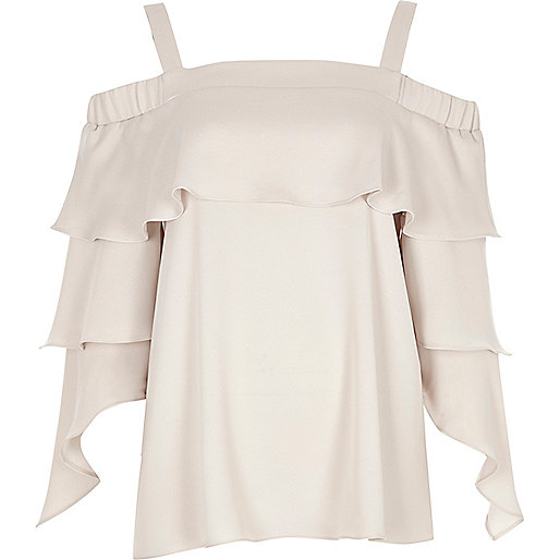 jacques-vertuk Beige frill sleeve bardot top 707574 women Tops Bardot / Cold Shoulder Tops