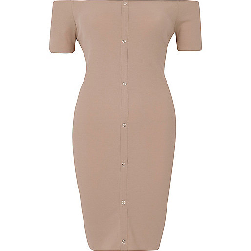 jacques-vertuk Beige rib popper front bardot mini dress 706781 women Dresses