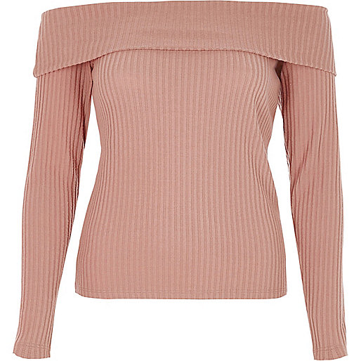 river island about you,jacques-vertuk Ireland Beige ribbed bardot long sleeve top women 709410