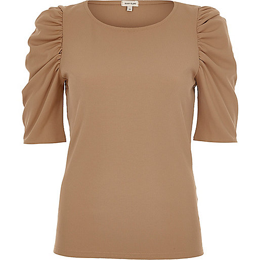 jacques-vertuk Beige ribbed puff three quarter sleeve top 706287 women Tops T-Shirts & Vests Plain T-Shirts / Vests