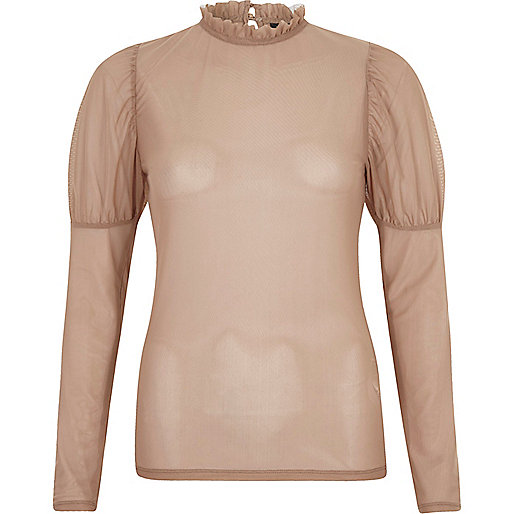 river island ugg style boots,jacques-vertuk Online Beige sheer mesh puff sleeve top women 704343