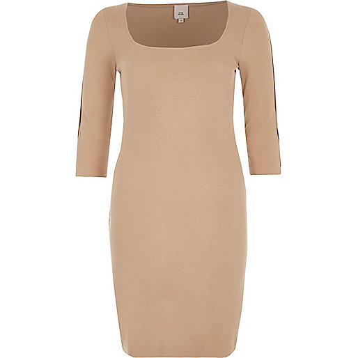 jacques-vertuk Beige square neck bodycon midi dress 707377 women Dresses Bodycon Dresses