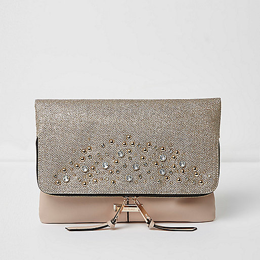 jacques-vertuk Beige stud embellished foldover clutch bag 701338 women Bags / Purses Clutch Bags