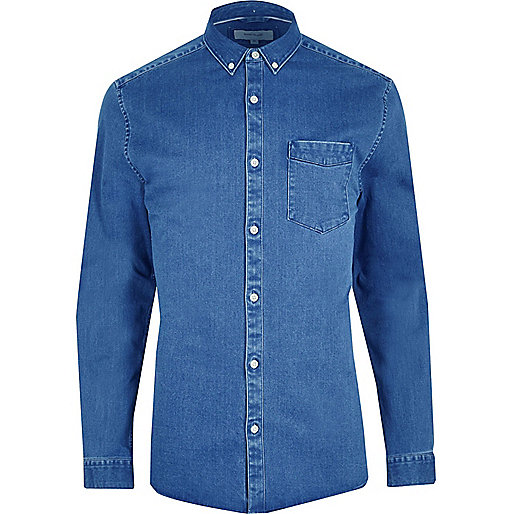 jacques-vertuk Big and Tall blue button-down denim shirt 302895 men Shirts Long Sleeve Shirts