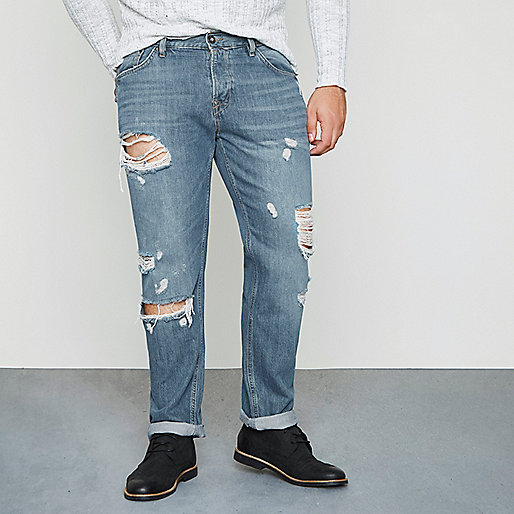 river island cargo jeans,jacques-vertuk Sale Big and Tall mid blue ripped loose fit jeans men 303488