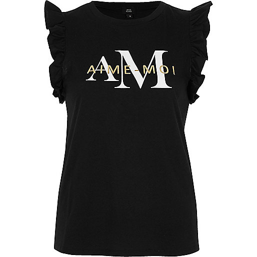 jacques-vertuk Black 'aime moi' print frill sleeve tank top 707790 women Tops T-Shirts & Vests Print T-Shirts / Vests