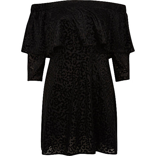 jacques-vertuk Black animal deep frill bardot swing dress 697617 women RI Limited Edition