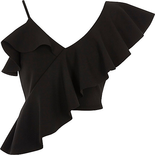 jacques-vertuk Black asymmetric frill crop top 708836 women Tops Crop Tops / Bralets