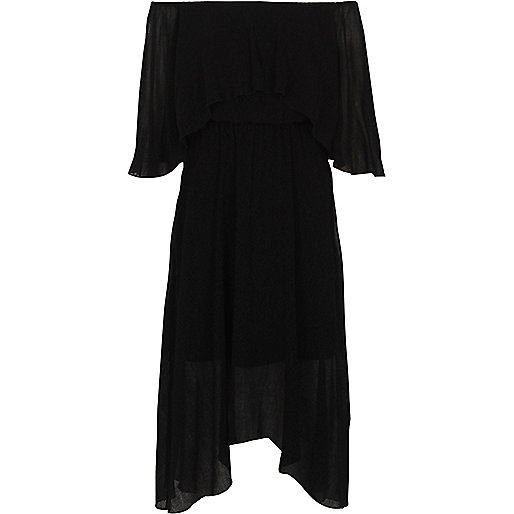 jacques-vertuk Black bardot frill asymmetric hem midi dress 702591 women RI Limited Edition