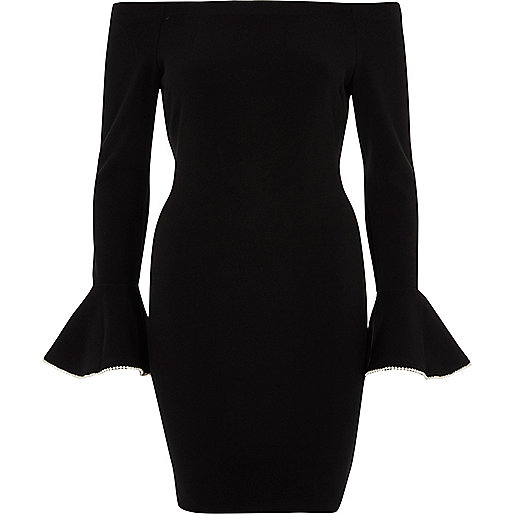 jacques-vertuk Black bardot frill cuff bodycon dress 708255 women Dresses Bardot / Bandeau Dresses