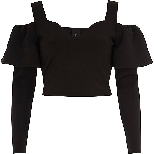 jacques-vertuk Black bardot frill long sleeve crop top 707701 women Tops