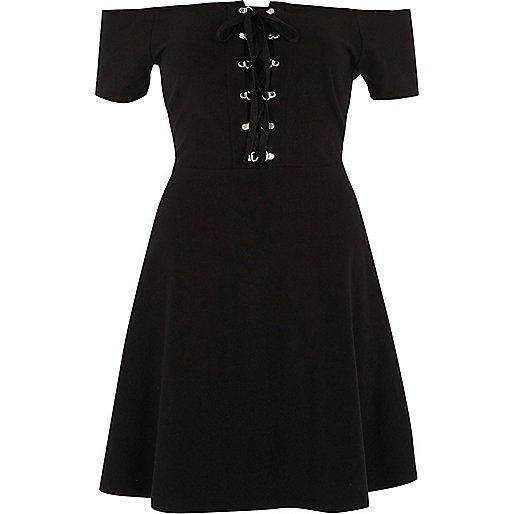 jacques-vertuk Black bardot lace up front skater dress 705924 women Dresses Skater Dresses