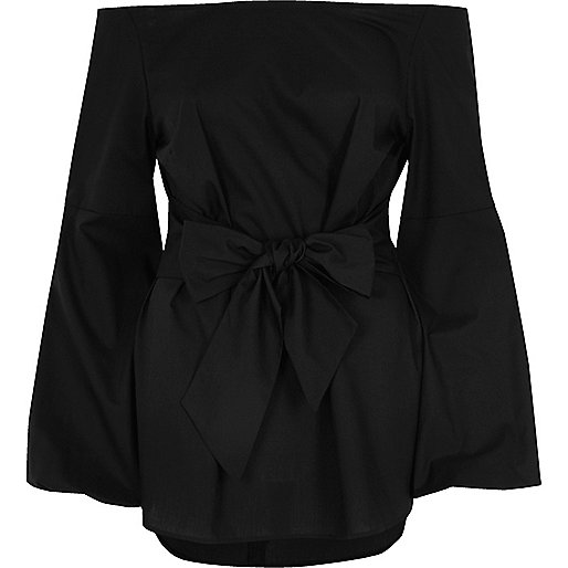 jacques-vertuk Black bow front bell sleeve bardot top 704920 women Tops Bardot / Cold Shoulder Tops