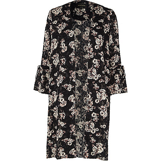 river island sale 10 and under,jacques-vertuk Looks Black burnout floral print duster coat Coats / Jackets Sale women