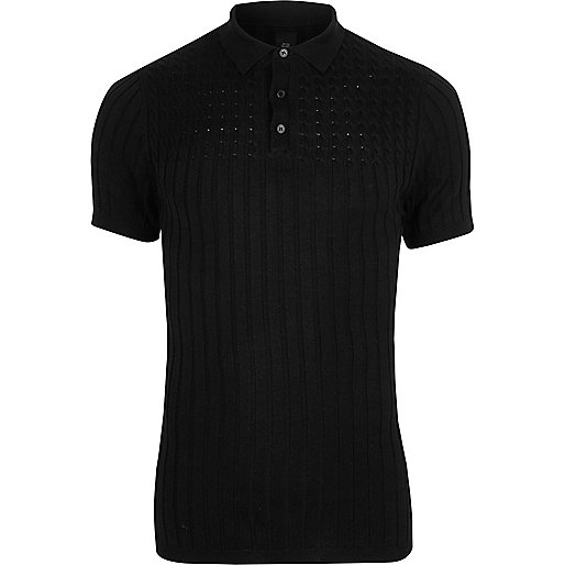 jacques-vertuk Black cable knit muscle fit polo shirt 303201 men Polo Shirts