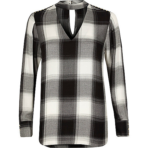 river island sutton,jacques-vertuk Outlet Black check choker neck long sleeve top women 706957