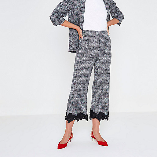 jacques-vertuk Black check floral lace hem culottes 710135 women Trousers Wide Leg Trousers