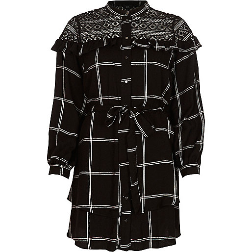 jacques-vertuk Black check lace yoke belted shirt dress 709185 women Dresses Shirt Dresses