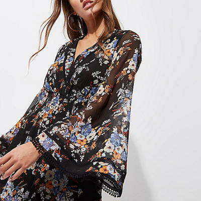 river island black buckle sandals,jacques-vertuk Shop Sale Black chiffon floral kimono romper Rompers / Jumpsuits Sale women