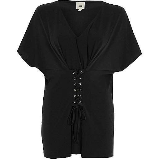 jacques-vertuk Black corset front V neck caftan top 704542 women Tops T-Shirts & Vests Plain T-Shirts / Vests