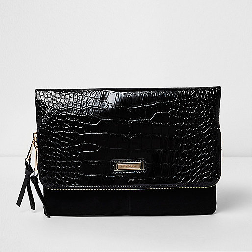 jacques-vertuk Black croc embossed flap foldover clutch bag 706615 women Bags / Purses Clutch Bags