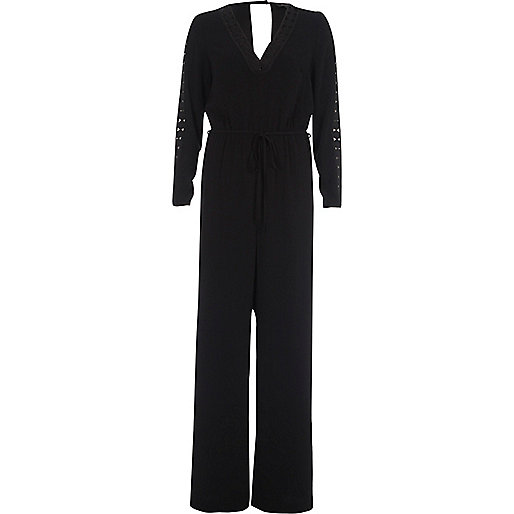 jacques-vertuk Black crochet insert wide leg jumpsuit 701613 women Playsuits / Jumpsuits