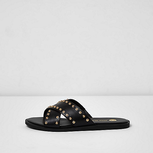 jacques-vertuk Black cross strap stud sliders 694713 women Holiday Shop