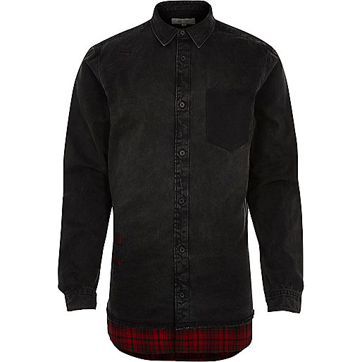 jacques-vertuk Black denim ripped shirt with check hem 297805 men Shirts