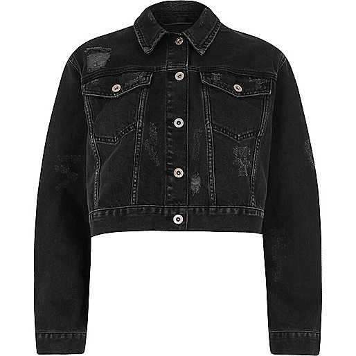 jacques-vertuk Black distressed cropped denim jacket 705391 women Coats / Jackets Jackets