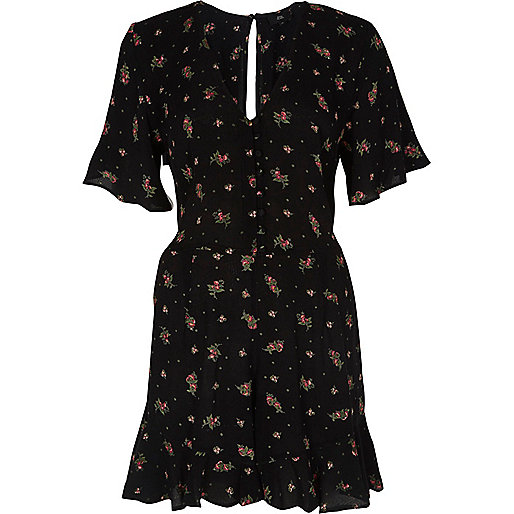 jacques-vertuk Black ditsy floral frill sleeve romper 702596 women Playsuits / Jumpsuits Playsuits