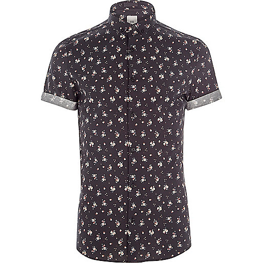 cream coat river island,jacques-vertuk Close Black ditsy floral print skinny fit shirt Short Sleeve Shirts Shirts men