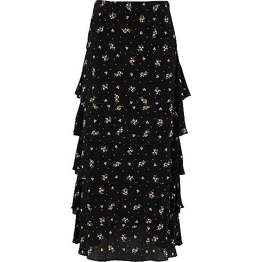 jacques-vertuk Black ditsy floral print tiered maxi skirt 703453 women Skirts Maxi Skirts