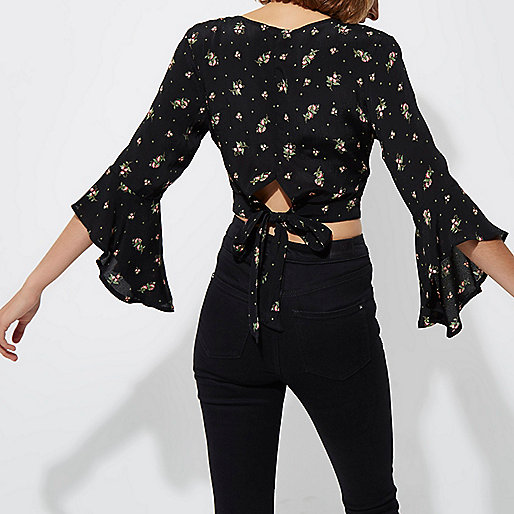 river island leopard print coat,jacques-vertuk South Africa Black ditsy floral wrap frill sleeve crop top women 704575