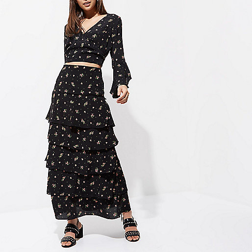 pink jumper dress river island,Very Womens jacques-vertuk Black ditsy floral wrap frill sleeve crop top Crop Tops / Bralets Tops women