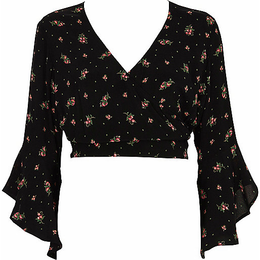 jacques-vertuk Black ditsy floral wrap frill sleeve crop top 704575 women Tops Crop Tops / Bralets