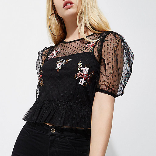 black and gold river island dress,jacques-vertuk Shop Locations Black dobby mesh embroidered puff sleeve top Tops Sale women