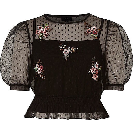 jacques-vertuk Black dobby mesh embroidered puff sleeve top 704049 women Tops