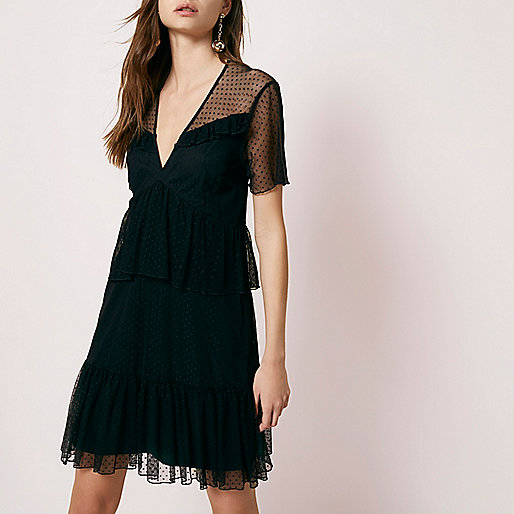 jacques-vertuk Black dobby mesh tiered short sleeve dress 701028 women Dresses