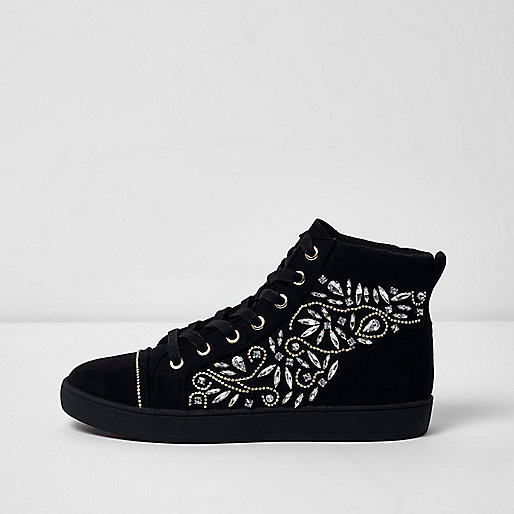 jacques-vertuk Black embellished hi top lace-up sneakers 702395 women Shoes / Boots Plimsolls / Trainers