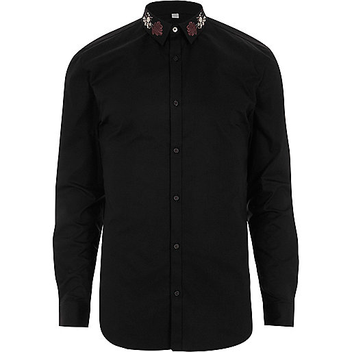 jacques-vertuk Black embroidered collar muscle fit shirt 303073 men Shirts Long Sleeve Shirts