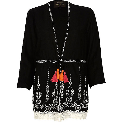 jacques-vertuk Black embroidered lace hem tassel kimono 703667 women Tops Kimonos