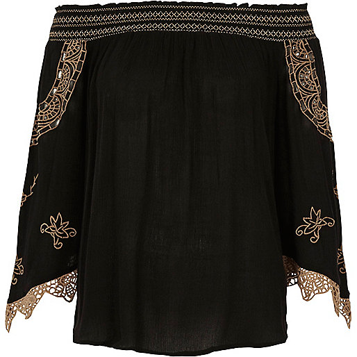 shacket river island,jacques-vertuk UK Black embroidered shirred bardot top women 702870