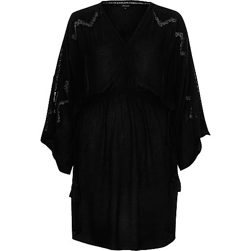 river island black sandals flat,jacques-vertuk London Black embroidered wide sleeve waisted dress women 699382