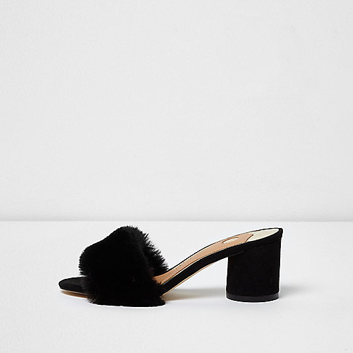 river island fluffy heels,jacques-vertuk Ladies Shoes Sale Black faux fur block heel mules Shoes / Boots Sale women