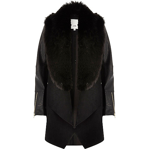 jacques-vertuk Black faux fur trim fallaway coat 702130 women Coats / Jackets Jackets