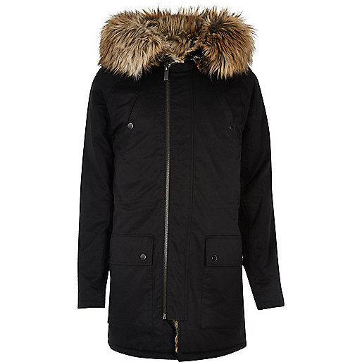 river island black leather bag,jacques-vertuk Apparel Black faux fur trim hooded longline parka Coats / Jackets Sale men