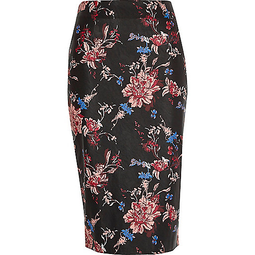 jacques-vertuk Black faux leather floral print pencil skirt 697634 women Skirts Midi Skirts