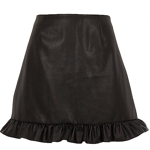 jacques-vertuk Black faux leather frill hem mini skirt 705523 women Skirts Mini Skirts