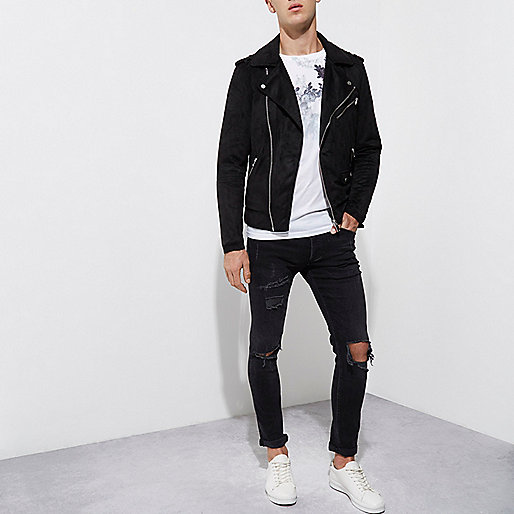 river island teddy,jacques-vertuk Outlet Uk Black faux suede biker jacket Jackets Coats / Jackets men